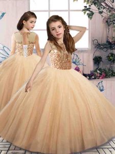 Ball Gowns Little Girl Pageant Gowns Champagne Scoop Tulle Sleeveless Floor Length Lace Up