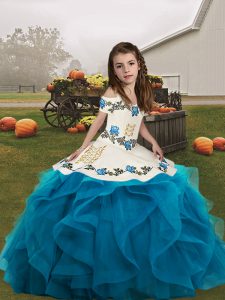 Enchanting Blue Pageant Dress Party and Wedding Party with Embroidery and Ruffles Straps Sleeveless Lace Up