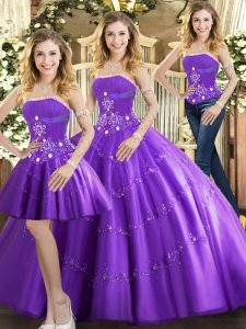 Romantic Purple Ball Gowns Tulle Strapless Sleeveless Beading Floor Length Lace Up 15 Quinceanera Dress