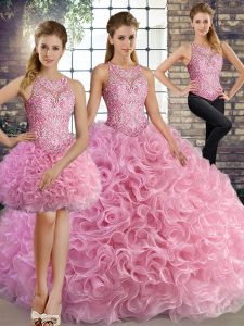 Perfect Rose Pink Scoop Lace Up Beading Military Ball Gowns Sleeveless