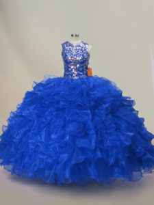 Dynamic Royal Blue Sleeveless Ruffles and Sequins Floor Length 15 Quinceanera Dress