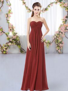 Spectacular Sweetheart Sleeveless Damas Dress Floor Length Ruching Rust Red Chiffon