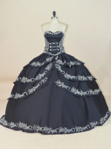 New Style Black Ball Gowns Embroidery 15th Birthday Dress Lace Up Satin Sleeveless Floor Length