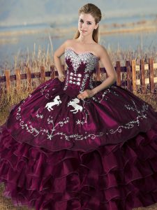 Fancy Purple Satin and Organza Lace Up Sweetheart Sleeveless Floor Length Sweet 16 Dress Embroidery and Ruffles