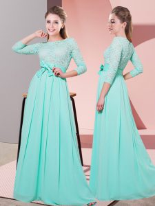 Floor Length Apple Green Quinceanera Court of Honor Dress Chiffon 3 4 Length Sleeve Lace and Belt