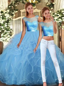 Superior Baby Blue Scoop Neckline Lace and Ruffles Vestidos de Quinceanera Sleeveless Backless