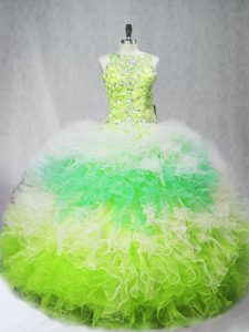 Nice Multi-color Ball Gowns Scoop Sleeveless Tulle Floor Length Zipper Beading and Ruffles 15th Birthday Dress