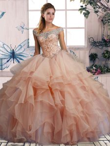 Enchanting Sleeveless Organza Floor Length Lace Up Quinceanera Gowns in Pink with Beading and Ruffles