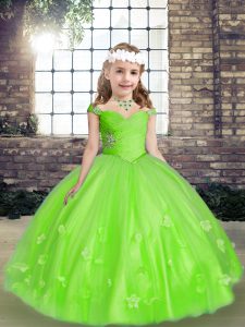 Sleeveless Tulle Floor Length Lace Up Child Pageant Dress in with Beading and Hand Made Flower