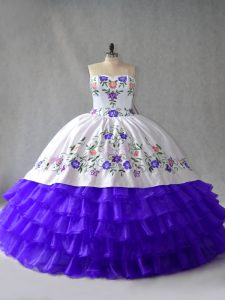 Extravagant Blue And White Ball Gowns Embroidery and Ruffled Layers Party Dresses Lace Up Organza Sleeveless Floor Length