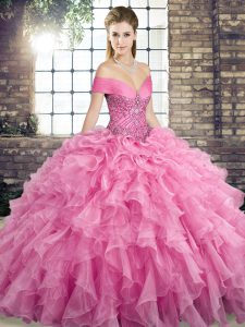 Enchanting Off The Shoulder Sleeveless Quince Ball Gowns Brush Train Beading and Ruffles Rose Pink Organza