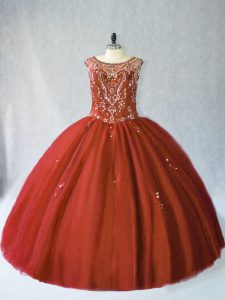 Sleeveless Floor Length Beading Lace Up Quinceanera Dresses with Rust Red