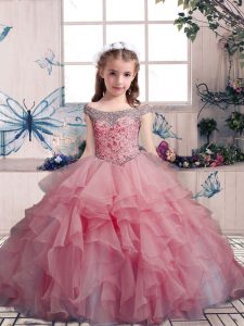 Floor Length Lace Up Little Girls Pageant Dress Wholesale Pink for Party and Wedding Party with Beading and Ruffles