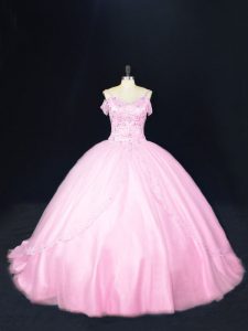 On Sale Off The Shoulder Sleeveless Court Train Lace Up 15th Birthday Dress Baby Pink Tulle