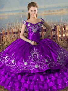 Embroidery and Ruffled Layers Ball Gown Prom Dress Purple Lace Up Sleeveless Floor Length