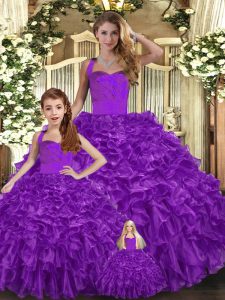 Attractive Floor Length Purple Ball Gown Prom Dress Organza Sleeveless Ruffles