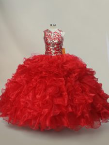 Exceptional Red Sleeveless Ruffles and Sequins Floor Length Quinceanera Dress