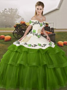 Olive Green Lace Up Off The Shoulder Embroidery and Ruffled Layers Quinceanera Dress Tulle Sleeveless Brush Train