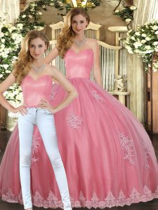Fine Floor Length Watermelon Red Sweet 16 Dresses Tulle Sleeveless Appliques