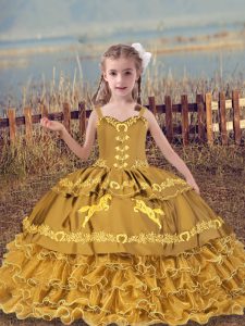 Gold Organza Lace Up Pageant Dress for Womens Sleeveless Floor Length Beading and Embroidery and Ruffled Layers