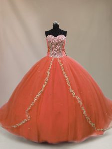 Lace Up Vestidos de Quinceanera Orange for Sweet 16 and Quinceanera with Beading Brush Train