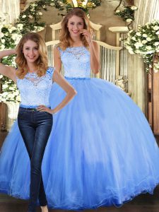 Glittering Scoop Sleeveless Clasp Handle Quinceanera Dresses Blue Tulle