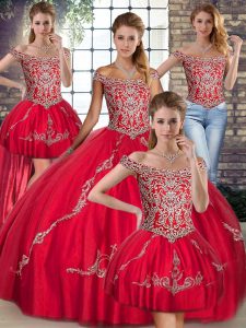 Red Ball Gowns Beading and Embroidery Quince Ball Gowns Lace Up Tulle Sleeveless Floor Length
