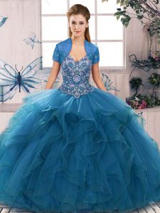 Low Price Blue Sleeveless Floor Length Beading and Ruffles Lace Up Quinceanera Dress