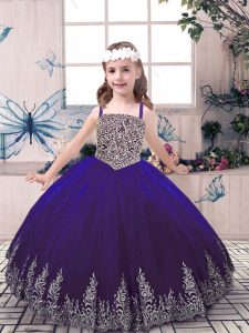 Dazzling Purple Ball Gowns Straps Sleeveless Tulle Floor Length Lace Up Beading and Embroidery Little Girls Pageant Gowns