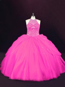 Ideal Floor Length Lace Up Quinceanera Gowns Hot Pink for Sweet 16 and Quinceanera with Beading