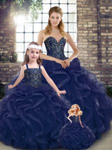 Navy Blue Ball Gowns Beading and Ruffles Sweet 16 Dress Lace Up Tulle Sleeveless Floor Length