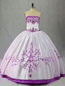 Modern White And Purple Sleeveless Floor Length Embroidery Lace Up Quinceanera Dress