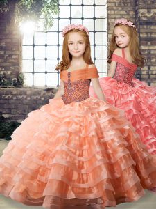 Organza Long Sleeves Girls Pageant Dresses Brush Train and Beading and Ruffled Layers