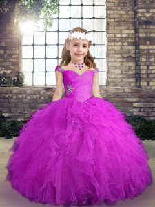 Lovely Straps Sleeveless Lace Up Kids Formal Wear Fuchsia Tulle