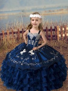 Perfect Navy Blue Lace Up Little Girls Pageant Gowns Embroidery and Ruffled Layers Sleeveless Floor Length