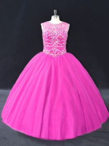 Discount Fuchsia Tulle Lace Up Scoop Sleeveless Floor Length Ball Gown Prom Dress Beading