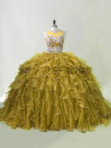 Olive Green Quinceanera Gown Organza Brush Train Sleeveless Beading and Ruffles