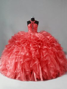 Stunning Coral Red Ball Gowns Beading and Ruffles 15th Birthday Dress Zipper Organza Sleeveless