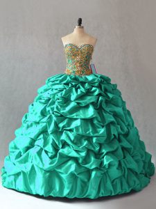 Best Selling Turquoise Taffeta Lace Up 15 Quinceanera Dress Sleeveless Brush Train Beading and Pick Ups