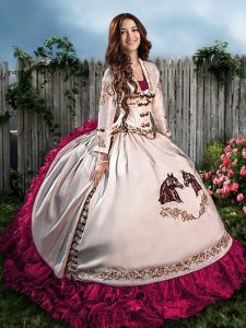Colorful Hot Pink Ball Gowns Sweetheart Sleeveless Satin Floor Length Lace Up Embroidery and Ruffles Quinceanera Dress