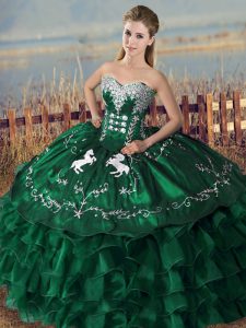 Floor Length Green Sweet 16 Dresses Organza Sleeveless Embroidery and Ruffles