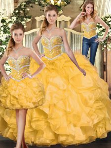 Gold Sleeveless Floor Length Beading and Ruffles Lace Up Quinceanera Gowns