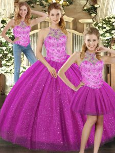 Sumptuous Floor Length Three Pieces Sleeveless Fuchsia 15th Birthday Dress Lace Up