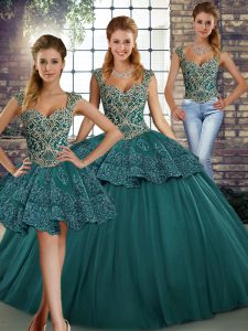 Flirting Floor Length Three Pieces Sleeveless Green 15th Birthday Dress Lace Up