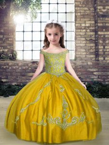 Olive Green Off The Shoulder Lace Up Beading Kids Pageant Dress Sleeveless