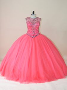 Glittering Watermelon Red Ball Gown Prom Dress Sweet 16 and Quinceanera with Beading Scoop Sleeveless Lace Up