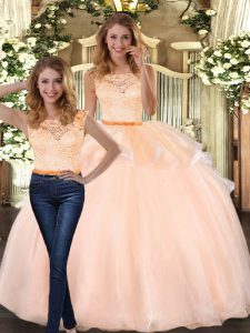 Stunning Floor Length Zipper Military Ball Gown Peach for Military Ball and Sweet 16 and Quinceanera with Lace