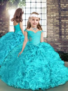 Affordable Aqua Blue Sleeveless Beading Floor Length Little Girl Pageant Gowns