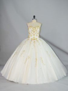 Champagne Ball Gowns Beading 15 Quinceanera Dress Lace Up Tulle Sleeveless Floor Length