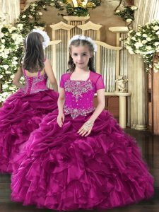 Custom Made Straps Sleeveless Lace Up Girls Pageant Dresses Fuchsia Organza